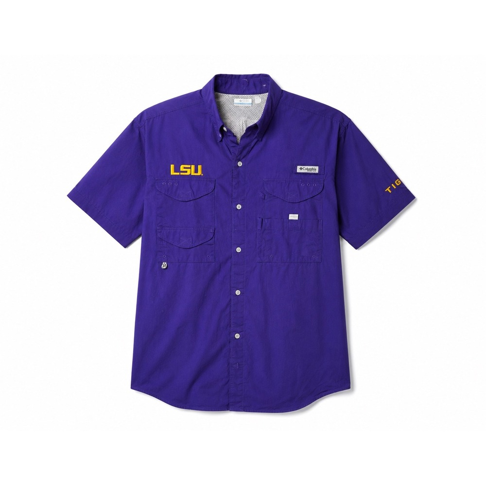 Columbia PFG LSU Tigers Fishing Shirt Mens XL Purple Bahama II Short Sleeve Fan